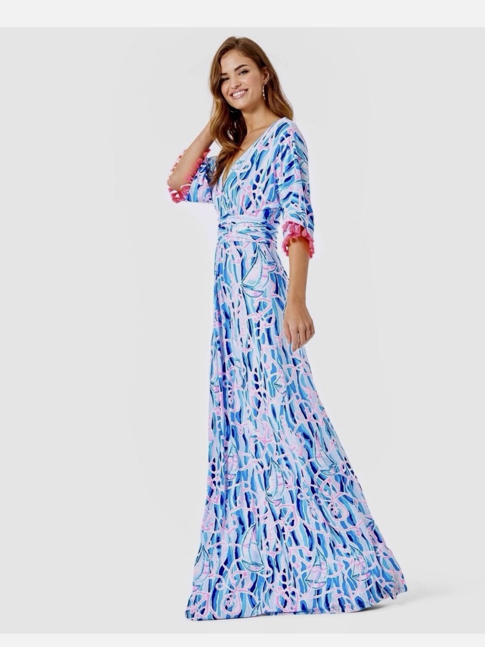 Lilly Pulitzer Blue & Pink Abstract Print Maxi Dress with Waist Tie Nautical